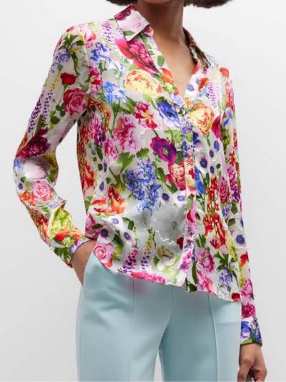 alice + olivia Willa Floral Silk Burnout Blouse Floral V-Neck Blouse XS